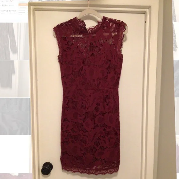 Sans Souci | Dresses | Burgundy Lace Dress Wedding Guest Zip Bodycon  Stretch Sans Souci Medium Maroon | Poshmark